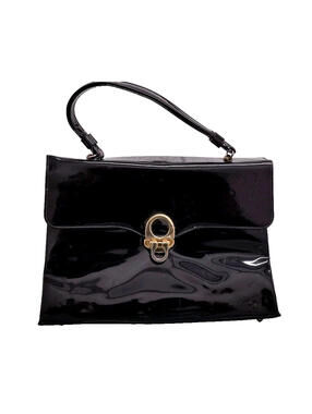Vintage 60s Kelly Style Purse Crown Lewis Black Patent Leather Bag Gold Plated
